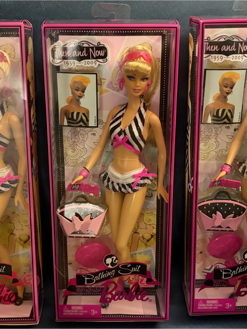 Barbie Bundle- 3 individual Black & Pink Striped Bathing Suit Doll